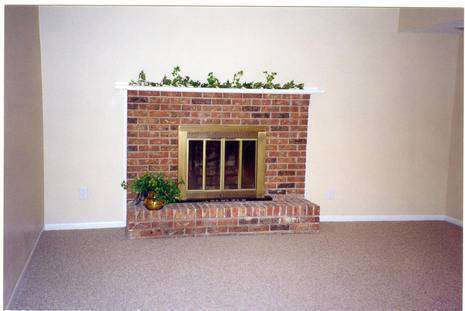 A fireplace with a few small plant decorations in an otherwise barren room.