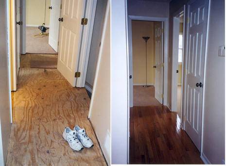 Shoes are left in the wooden hallway in a home.