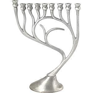 Silver menorah shaped like vines.