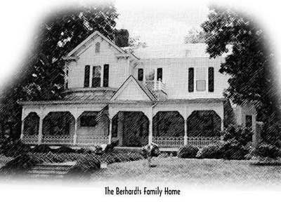 A colonial two story house with a front porch running the length of the house, with the caption, The berhardts Family Home.