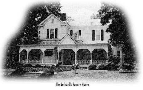 A colonial two story house with a front porch running the length of the house, with the caption, The berhardts Family Home.