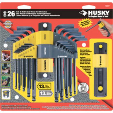 A set of hex wrenches housed in their original packaging so that each wrench can be viewed.