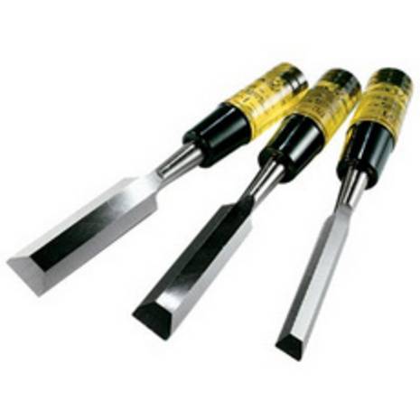 Three chisels with yellow and black handles.