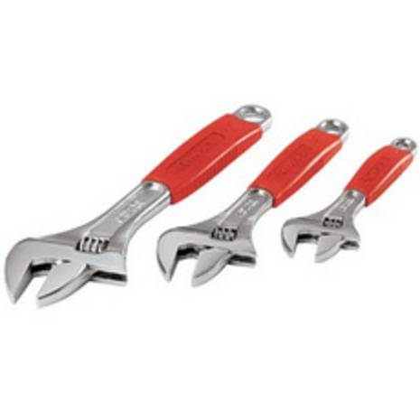 Three wrenches with red handles are laid side by side.