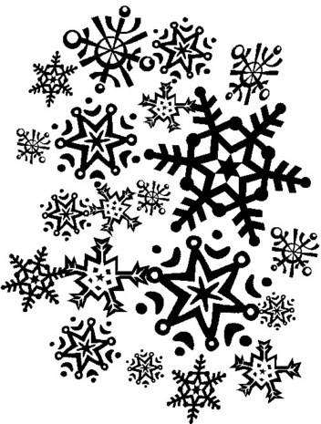 Unique black clipart snowflakes are shown on a white background.