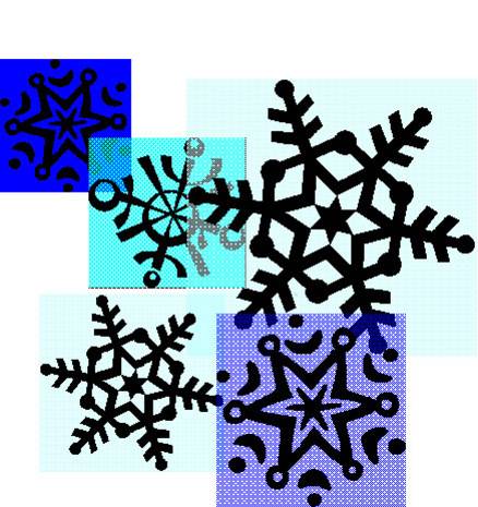 Five different black snowflakes are on blue backgrounds.