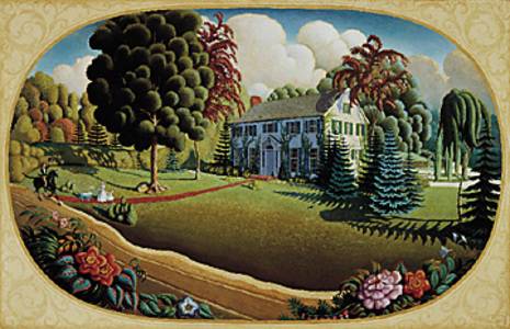 Painting of a mansion with garden.