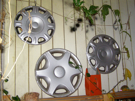 Three different style hubcaps hanging on a white fence with a plant growing around them.