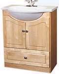 A white sink is set into a light wooden cabinet.