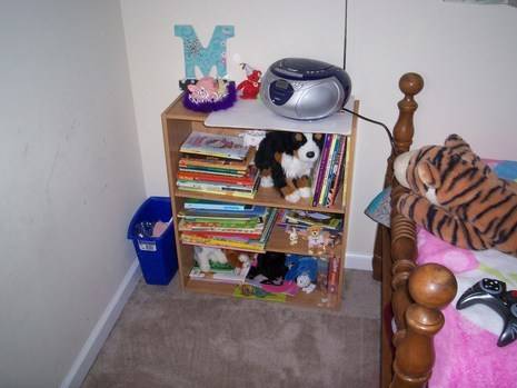Books and toys are placed in a wooden rack and some toys like tiger and remote controller on bed in kids bedroom.