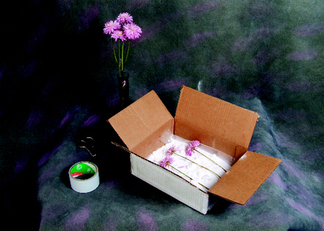 Flowers in a vase and also in a cardboard box ready to be packed with a tape and scissors lying around.