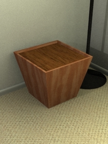 Square wooden garbage can next to lamp in a living room.