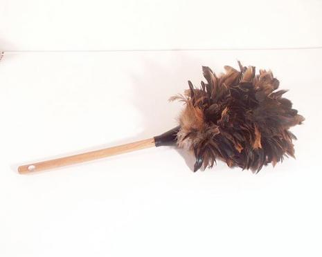 Wood handled feather duster on top of white surface.
