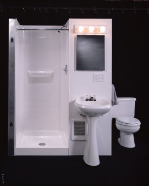 A tub, sink and toilet are shown.