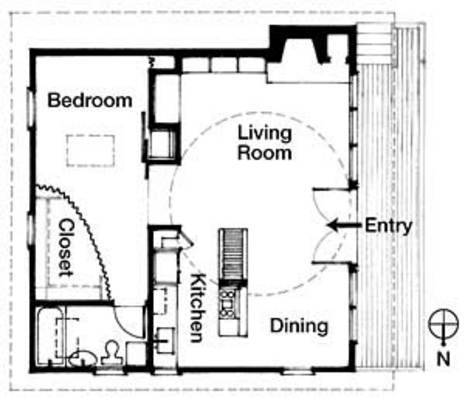 Housing plan outline with living room, kitchen, dining room, bedroom, and a closet.