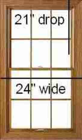 A brown window frame with the words, 21" drop and 24" wide.