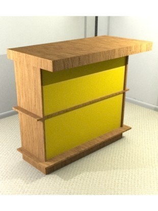 Modern dry bar design with rectangular wooden top and yellow front, in a plain room.