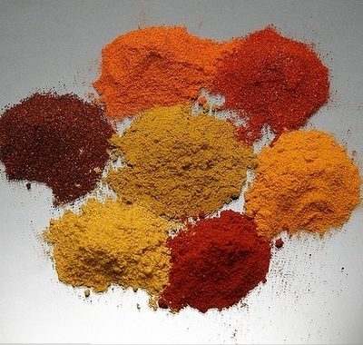 Colorful spice powders arranged in a circle.