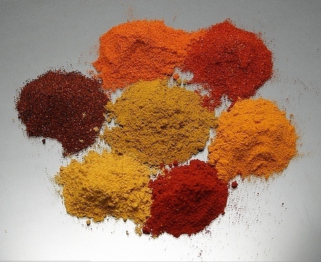 Colorful spice powders arranged in a circle.