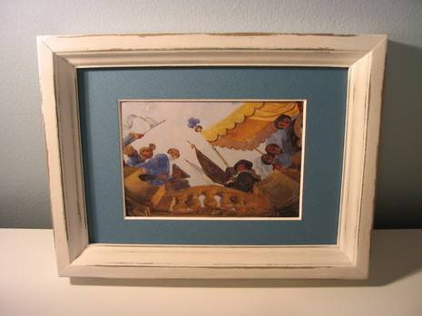 Acolorful picture has a blue and beige frame.