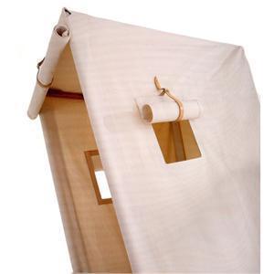 Wood frame house with cloth covered tarp.