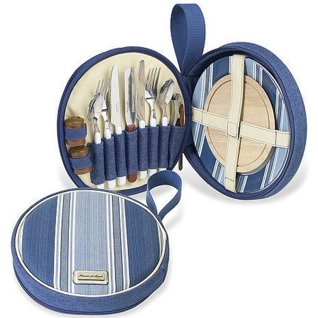 A blue and white round picnic cutlery carrier