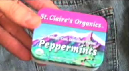 Man showing peppermints box.