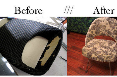 A before and after look at the repholstering of a seat.