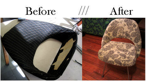A before and after look at the repholstering of a seat.