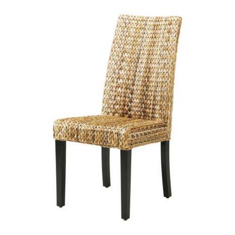 A woven fabric chair is displayed with dark brown legs.