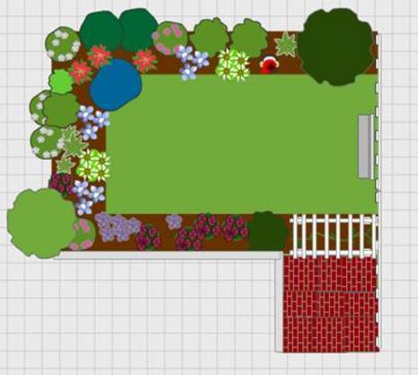 Colorful landscaped garden layout on a grid, featuring a border of plants and red brick.