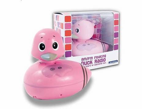 Pink duck that is a radio to play am/fm stations.