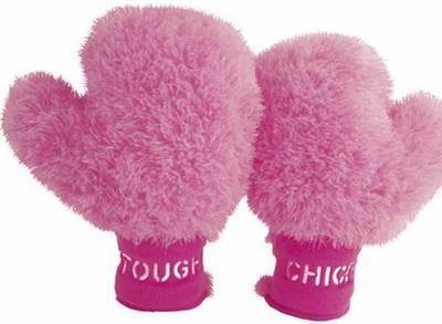 Two bright pink plushy gloves that spell out "Tough Chick" on the wristbands.