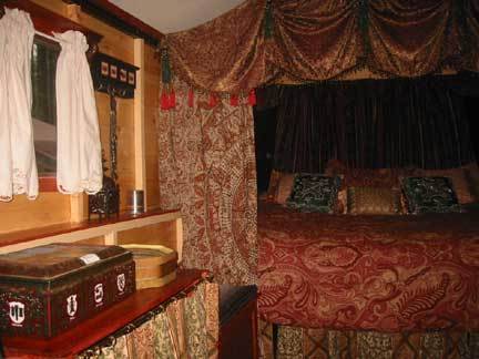 Colorful interiors of a Gypsy vardo or wagon.