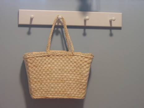 Flat wire tote bag is hanging to the hanger.