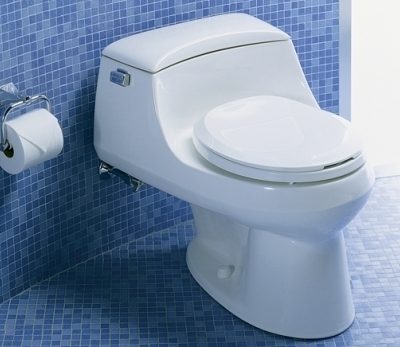 White color backline ceramic floor mounted western toilet commode with tissue roller aside in blue color bathroom.