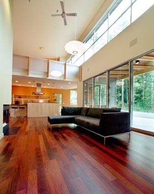 Living room with open kitchen, glass walls and wooden floor.