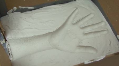 A mold of a hand and wrist still in the mold caking.
