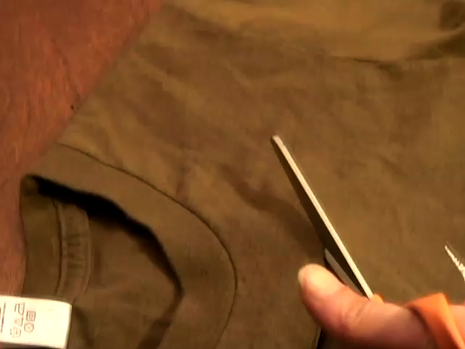 Person using scissors to cut a brown t-shirt near the neckline.