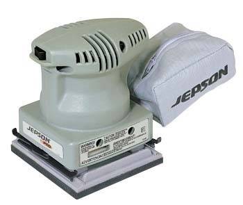 Light green power sander with a grey bag attached to the back of it.
