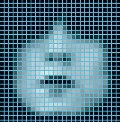 A grid with a womans face seemingly pushing through.