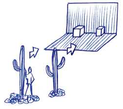 A person is standing near two cactuses in a drawing.