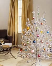 It shows that white silver christmas tree.