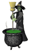 A witch brewing a concoction using her broom to stir.
