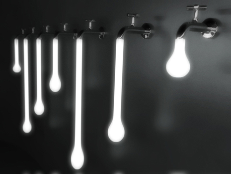 Many faucets with lightbulbs seemingly dripping out of their nozzles.