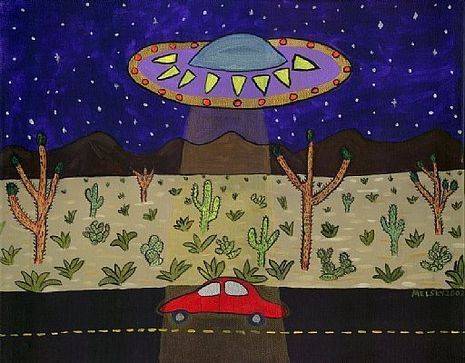 An illustrated spaceship points a beam of light over a car in the desert.