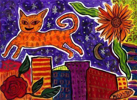 An abstract drawing of a cat in a city.