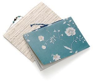 A blue notebook is sitting on a white notebook.