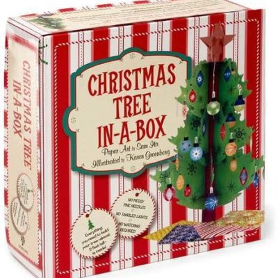 A striped box with decorate Christmas tree design on it.