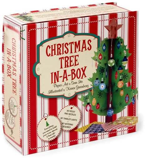 A striped box with decorate Christmas tree design on it.